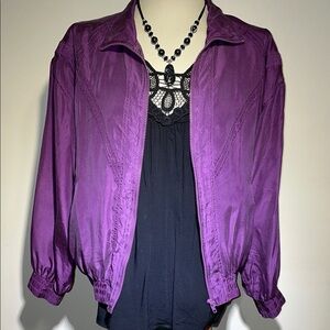 Bogari Purple Silk Bomber Style Jacket.  2 front pockets.  Elastic waist. Large.